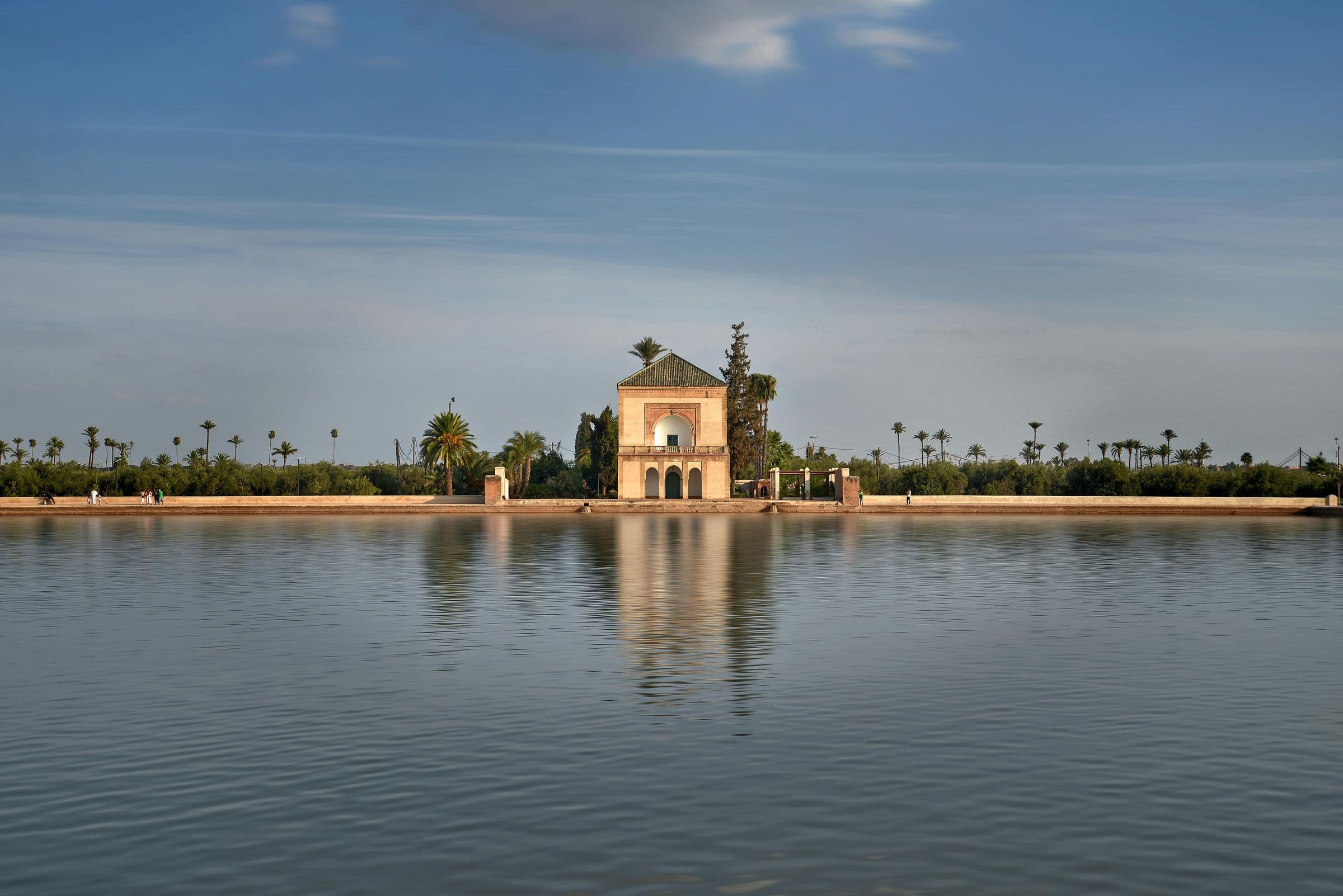 The Menara pavilion in Marrakech reflected in its basin